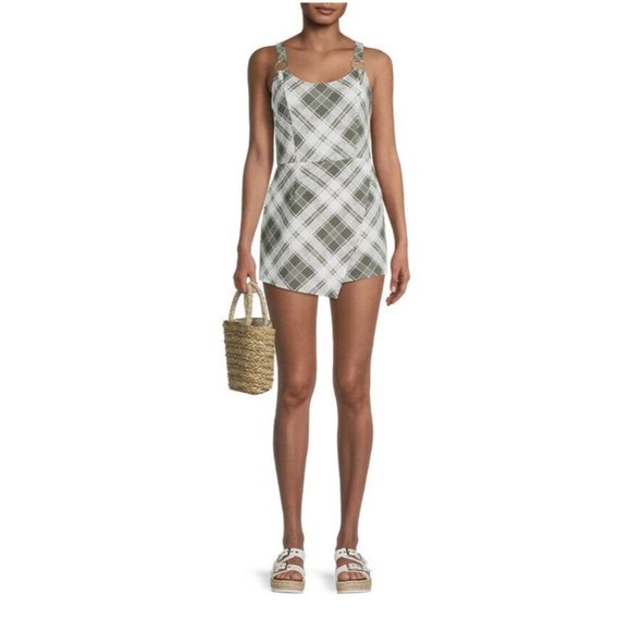No Boundaries Junior s Plaid Romper Green white one piece size Medium (7-9) - Picture 2 of 5